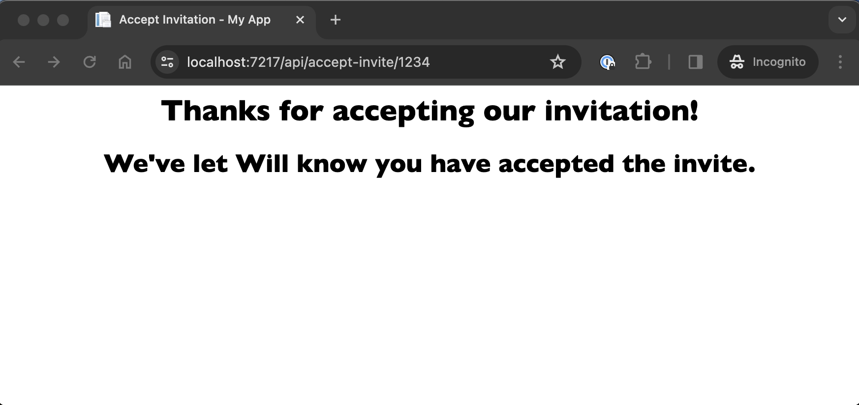 screenshot of a web browser with a web page that reads 'Thanks for accepting our invitation! We've let Will know you have accepted the invite.