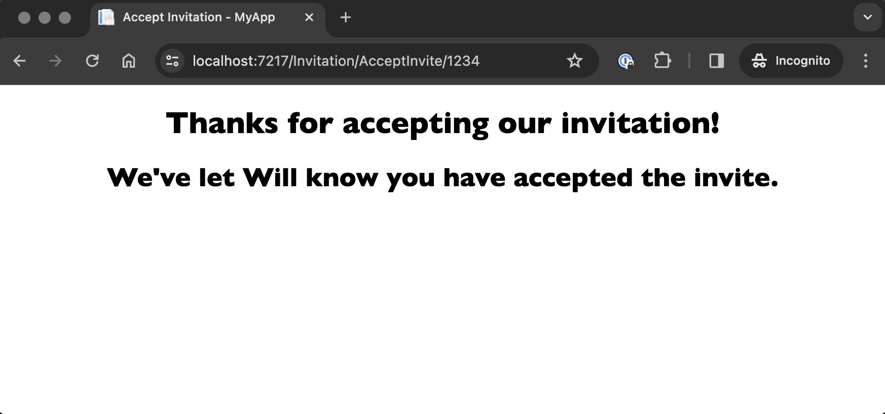 screenshot of a web browser with a web page that reads 'Thanks for accepting our invitation! We've let Will know you have accepted the invite.